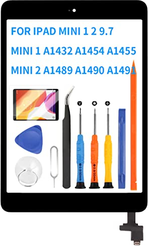 Parti di ricambio dello schermo per iPad Mini 1 2 1ST 2ND Generazione Touch Screen Digitizer Sensor Vetro con pulsante Home e connettore IC Mini1 A1432 A1454 A1455 Mini2 A1489 A1490 A1491 (nero)