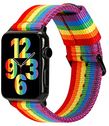 ESTUYOYA Bracelet Pride compatible avec Apple Watch 49mm 46mm 45mm 44mm 42mm 41mm 40mm 38mm, Bande en Nylon Couleurs LGTBI Rainbow pour iWatch Series 10 9 8 7 6 5 4 3 2 1 SE Ultra 2