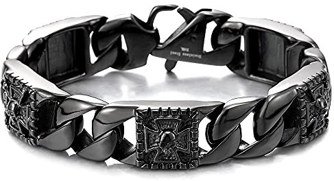 COOLSTEELANDBEYOND Herren Edelstahl Schwarz Panzerkette Armband mit Kreuz und Schädel, Biker Gotik, Poliert