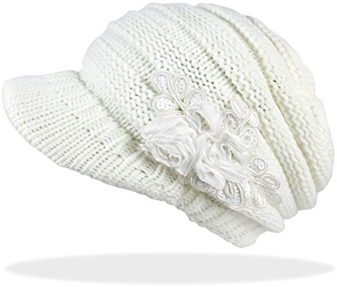 dy_mode Schirmmütze Damen Strickmütze Mütze mit Holzknopf - A080 (A0082-Weiß)