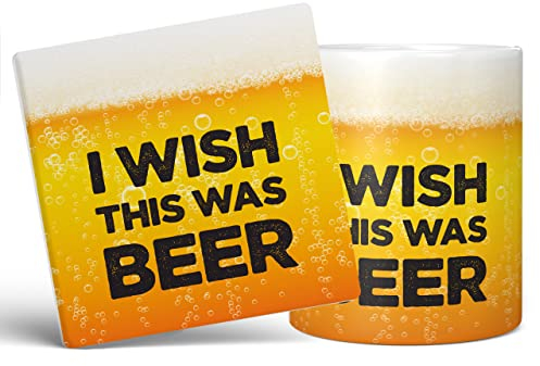 Mug Monster - I Wish This was Beer Funny Novelty Mug, Birthday or Fathers Day Gift - Ceramic Coffee Cup, Gift for Men or Women, Extra Large and Giant Available, 11oz White & Coaster