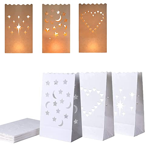 24 pieza Bolsas para Velas, Linternas de Papel Bolsas con Diseño de Corazón de Fuegos Artificiales de Estrella y Luna, Bolsas Decorativas para Velas para Partido y Decor de la Boda