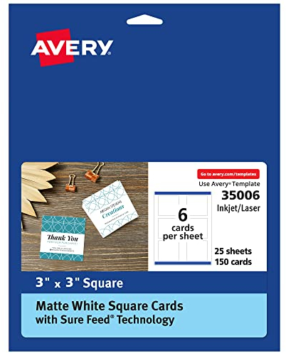 Avery Quadratische Karten mit Sure Feed Technologie, 7,6 x 7,6 cm, Weiß matt, 150 quadratische Karten insgesamt, bedruckbar, laser-/tintenstrahldruckbare Karten (35006)