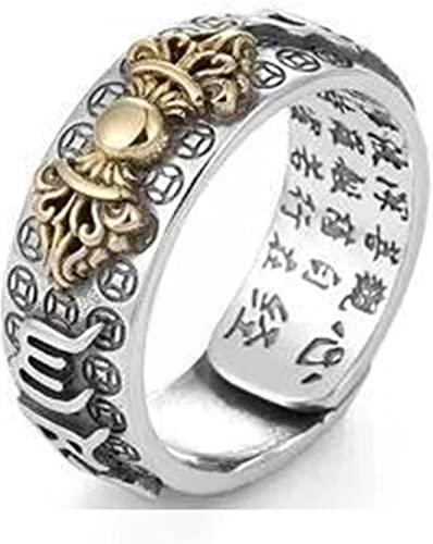 Männer Ringe, Schutz Reichtum Ring, Feng Shui Pixiu Mantra Ring S925 Silber Buddhistisches Glück Amulett Mantra Doppelter Schutz Reichtum Liebe Gesundheit Ring Geschenk for Männer Frauen (Farbe: Gold,