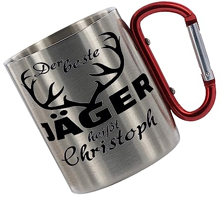 Edelstahltasse mit Karabiner 'Der beste Jäger heißt Wunschname' Tasse bedruckt, Kaffeetasse, Bürotasse, Metalltasse mit Name