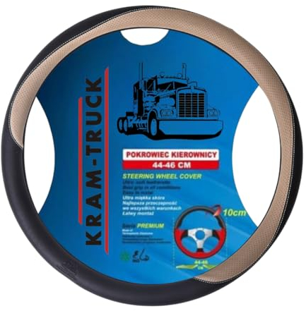 KRAM-TRUCK Auto-Lenkradbezug, Rutschfest, 44-46 cm, für LKW, aus Öko-Leder, für Damen und Herren (Schwarz & Beige)