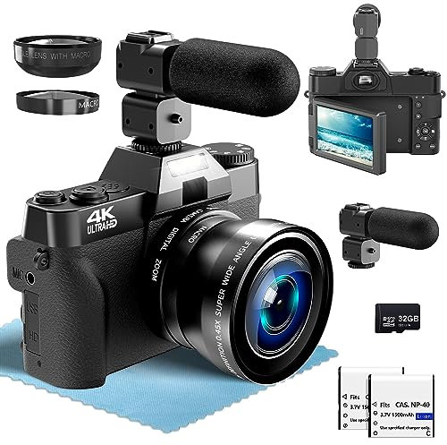 4K Digitalkamera Digitalzoom 56MP Fotokamera mit Weitwinkel+Macro Linse, mit WiFi und Manueller Fokus, 32G TF Karte 3.0 Kompaktkamera 180° Flip Bildschirm, Vlogging Digitalkamera für Anfänger