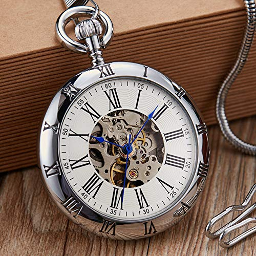 ROLTIN Silberne mechanische Taschenuhr mit Handaufzug, Kupferuhren, römische Ziffern, Anhänger, Kette, Anhänger, Herren und Damen, Silber