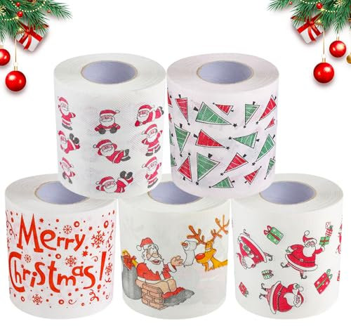 Lot de 5 rouleaux de papier toilette de Noël, papier toilette de Noël, drôle de papier toilette de Noël, papier toilette amusant avec motif de Noël