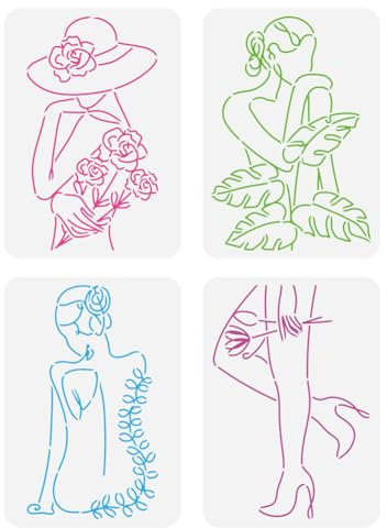 FINGERINSPIRE 4 Stück Strichzeichnungen Frau Malschablone 21x29.7 cm Wiederverwendbar Minimalistisch Schönes Mädchen Zeichnungsvorlage Blumen Frau Schablone Zum Malen Auf Holz Wand Stoff Möbeln