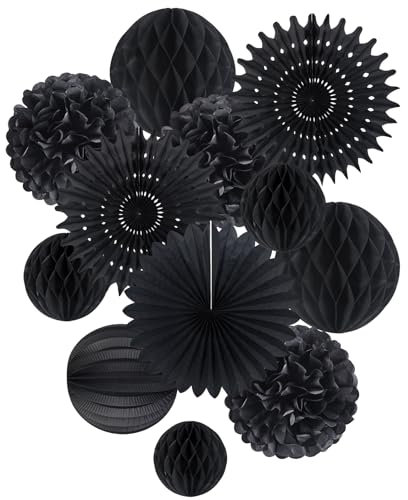 SUNBEAUTY Black Party Decoration - Paper Fans, Pom Poms, Flowers, Rosettes, Lanterns and Paper Lanterns Festival Outdoor Party Decorations for Birthday Graduation Parties, Baby Showers, Weddings