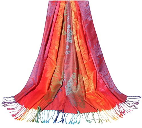 Jacquard-Baumwollschal für Damen, bunter Ethno-Stil, Schal mit Quaste Schal Rot (Red, One Size)