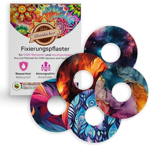 Diasticker® | Motiv-Pflaster für Freestyle Libre 3 Sensor (5 Stück, Mix-Colorful) | Wasserfest - Hautfreundlich - Atmungsaktiv - Starker Halt | Selbstklebende Fixierpflaster, Sensor-Fixierung