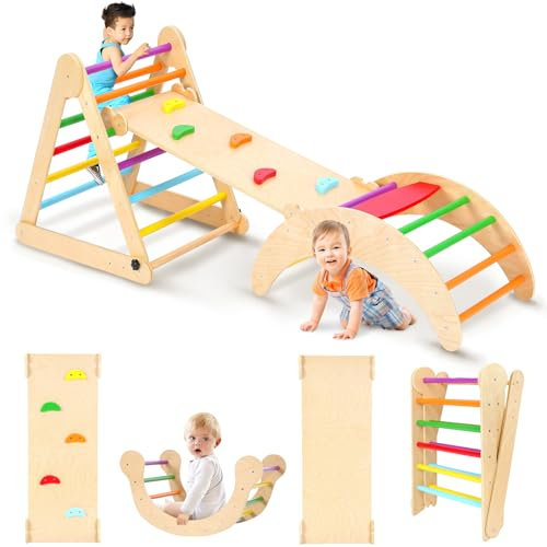 YOLEO Triangle d'escalade, 3 Piezas Plegables Montessori Climbing Frame con rampa y Arco de balanceo, Juguetes de Escalada de Interior Resistentes para niños de 1 a 6 años (Arco Iris)