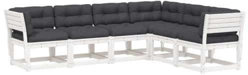 vidaXL Garten Sofagarnitur mit Kissen 6-TLG., Gartensofa mit Latten-Design, Sitzgruppe für Garten Terrasse, Gartenmöbel, Modern, Weiß Massivholz Kiefer