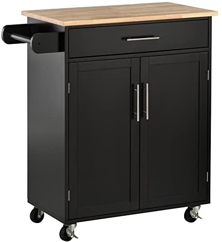 HOMCOM Carrello da Cucina con Cassetto e Armadietto 2 Ante, Isola Cucina con Ruote e Barra Laterale per Asciugamani, 83x45x91.5cm, Nero