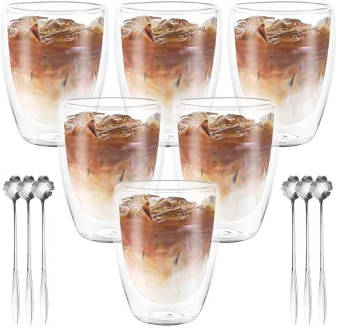 GBACHOOSE 6er Set Latte Macchiato Gläser 350 ml, Doppelwandig mit 6 Kirschblüten lange Löffel, Doppelwandige Kaffeegläser, Doppelwandige Cappuccino Gläser, Kaffee, Tee, Latte Gläser