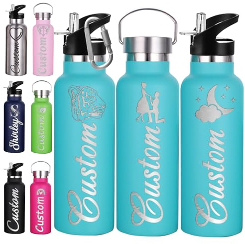 Akmxem Gourde Personnalisée Avec Paille 350ml 750ml Gourde Isotherme Personnalisable Gravé Nom Logo Gourde Personnalisée En Acier Inoxydable Cadeau pour l'École Le Sport Le Bureau l'Extérieur