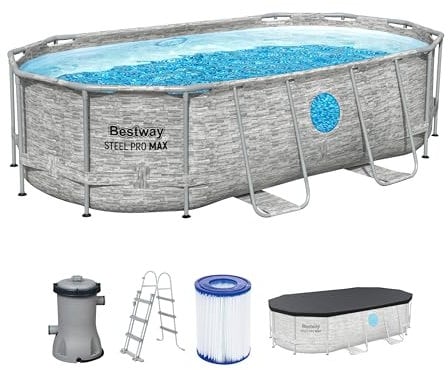 Bestway Power Steel Swim Vista Series Frame Pool Komplett-Set mit Filterpumpe 427 x 250 x 100 cm, Steinwand-Optik (Cremegrau), oval