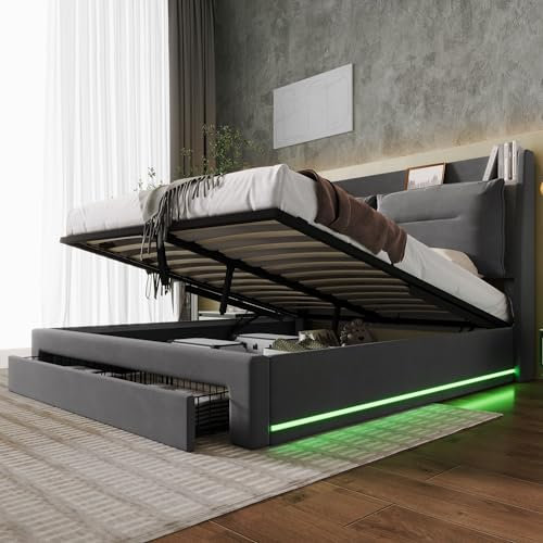Merax Upholstered Bed Frame with Hydraulic Lift, 4FT6 Double Bed Frame with 2-in-1 Storage Drawers and Recessed LED Light Strips, Functional Ottoman Bed, Elegant Velvet Finish, Dark Grey, 135x190cm