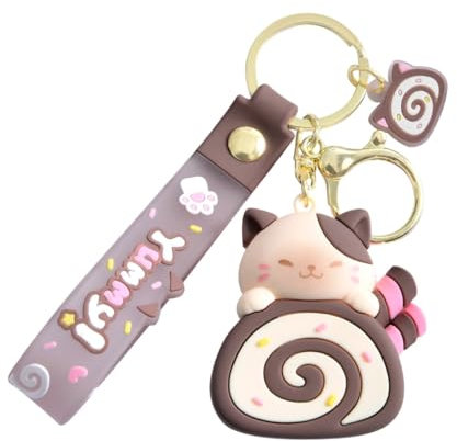 MZRAN Porte-clés pour femmes et filles, porte-clés en forme de chat de dessin animé, bijoux chics, porte-clés en forme de rouleau de chat, porte-clés pour sac, sac à main, café, m5912