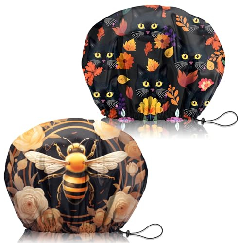 Zewurtuw 2 PCS Shower Cap Adjustable Reusable Double Waterproof Layer Elastic Hair Bath cap Cute Aesthetic for Women Girls-Cat Bee