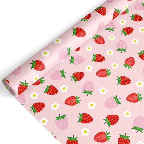 JarThenaAMCS Erdbeer-Geschenkpapier, Mini-Rolle, 43,2 cm x 100,2 m, rosa rote Erdbeerblume, Geschenkpapier, Obstthema, Kunstpapier für Hochzeit, Brautparty, Geburtstag