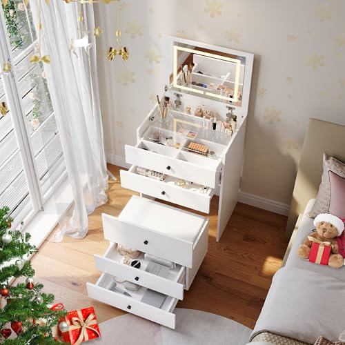 SONNI Tocador 3 en 1 con Espejo Abatible y LED, Mesa de Maquillaje con Tapa de Cristal Visible, 4 Cajones, Taburete de Almacenaje con 4 Ruedas Universales, Blanco, 60x45x83cm