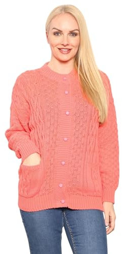 Crazy Fashion Women’s Long Sleeve Winter Chunky Cable Knit Front Button Top Long Sleeve Aran Crew Neck Warm 7 Button Knitted Cardigan Ladies Sweater (Coral,18)