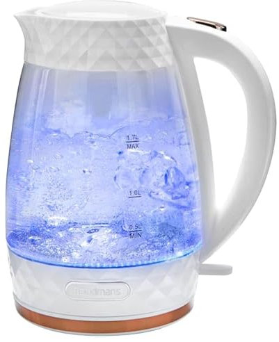 New Gorgeous Diamond Glass Kettle - White & Rose Gold, Featuring An Illuminated LED, Overheat Protection And A Rotational Base.