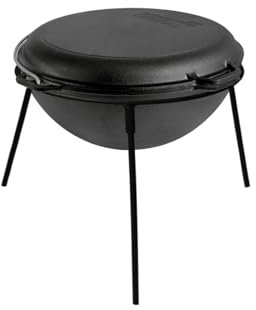 BRIZOLL 10L Cast Iron Kazan Dutch Oven with Skillet Lid and Metal Stand | Multi-Functional Cookware for Outdoor and Open-Fire Cooking
