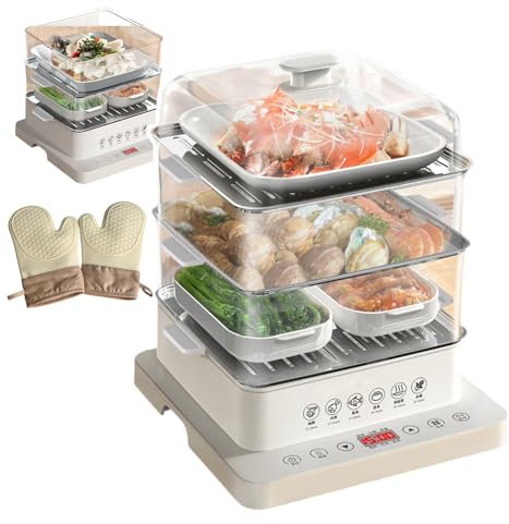 Vaporiera Elettrica per Cucinare, Vaporiera per Verdure da 40 L con 3 Ripiani in Acciaio Inox, Un Paio di Guanti Termoisolanti, Vaporiera Elettrica da 800 W, Prenotazione di 12 Ore