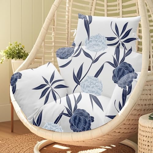 joomie Waterproof Egg Chair Cushion Replacement 119x79x13 cm Thicken Hanging Egg Swing Chair Cushion Indoor Outdoor Wicker Rattan Hammock Basket Cushion with Headrest Pillow, Blue Enchantress