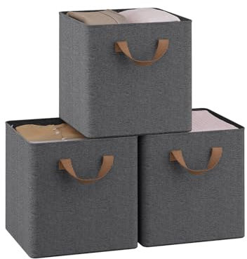 WOLTU Faltbare Aufbewahrungsboxen 3 Stück, Stoffboxen mit Griffen und Metallrahmen, Aufbewahrungswürfel für Wohnzimmer, Schlafzimmer, Arbeitszimmer, Mehrzweck, Grau, 26x26x26,5cm