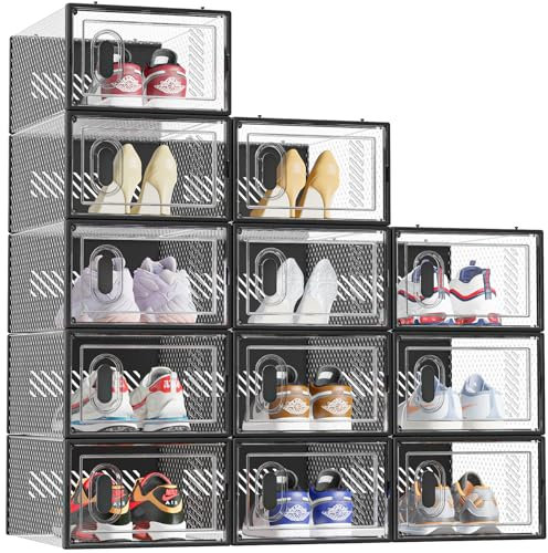 SIMPDIY Shoe Boxes,12 pcs Shoe Storage Box Clear Plastic Stackable, Shoe Organizer Containers with Lids for Women/Men, Black