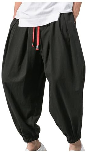 Baggy Haremshose Herren - Japanisch Einfarbige Freizeithose aus Baumwolle und Leinen Loose Casual Latzhose Heimhose Lang Atmungsaktiv Pluderhose Große Größe Elastische Taillen Breit Bein Hose Weiß XL