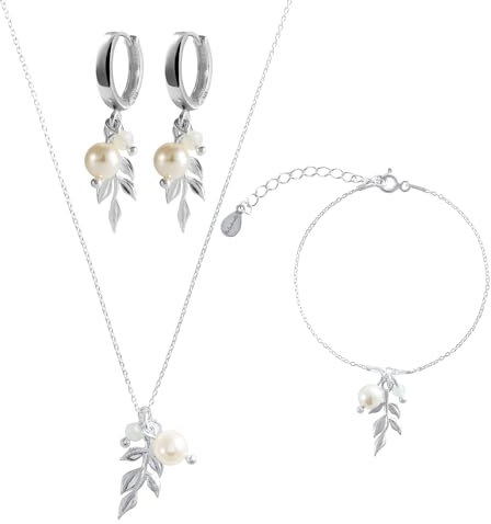 Brautschmuckset mit Perle silber - 925er Silber - handgefertigtes Schmuckset Hochzeit mit Blättern - Hochwertiger, veganer Brautschmuck - wasserfestes Braut Schmuckset