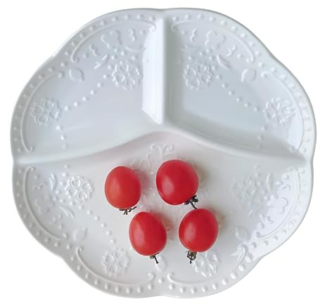 Assiette à compartiments en céramique, motif dentelle en relief, Convient pour divers fruits salades desserts pâtes et steaks. Compatible micro-ondes et four