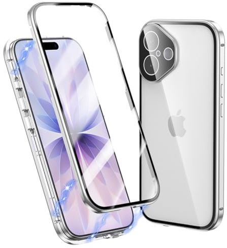 MIMGOAL Hülle für iPhone 17 360 Grad Magnetisch Transparent Silber | Gehärtetes Glas vorne und hinten, Magnetischer Edelstahlrahmen, Integrierter Kameraschutz, Präzise Ausschnitte