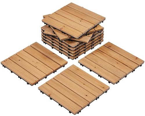 Yaheetech 11-55 Baldosas de Madera de Abeto 30x30cm Listones de Madera Desmontables con Ranuras Antideslizantes Instalación Rápida y Fácil Marrón Claro/3㎡