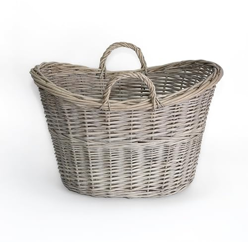 Wickerfield Oval Wicker Blanket Basket with Handle, Wicker Log Baskets for Wood Burner and Fireplace, Large Willow Storage Baskets for Laundry Toys Living Room (Grey Wash)