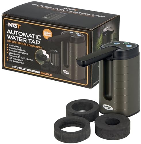 NGT Auto Wasserhahn USB Wiederaufladbar Tragbarer Camping- & Angelwasserspender mit Faltbarer Düse, Timer-Tasten, Freihändiger Wasserhahn für Wasserträger & Biwak-Waschbecken