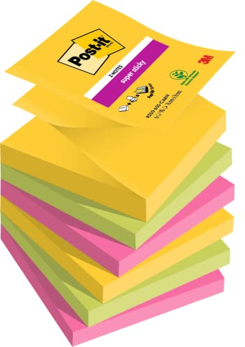Post-it Super Sticky Z-Notes, Carnival Colour Collection, 76 mm x 76 mm, 90 Sheets/Pad, 6 Pads/Pack