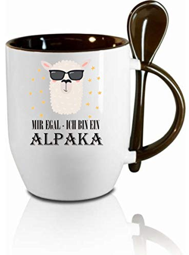 Tasse m. Löffel Mir egal ich bin ein Alpaka Löffeltasse, Kaffeetasse m. Motiv,Bürotasse, bedruckte Tasse mit Sprüchen oder Bildern -