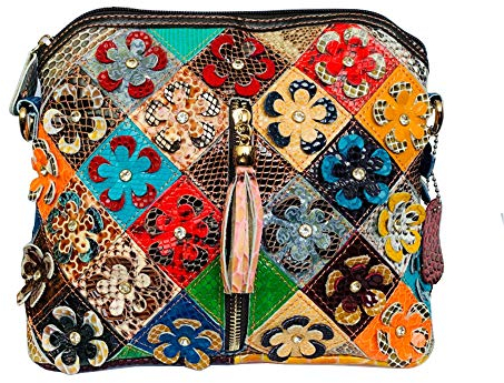 Segater® Mehrfarbig Floral Rind Leder-Umhängetasche für Damen, Vintage Rindsleder Handtasche Blumenmuster 3D Schultertaschen Damen Reisetasche mit Henkeltasche Patchwork bunte Geldbörsen Henkeltaschen