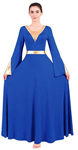 FYMNSI Femme Liturgique Robe de Danse Manchon de Cloche Couleur Unie Élégante à Manches Longues Plissé Maxi Robes Costume de culte Robe de Danse Lyrique Tango Latine Rumba Zumba Bleu Royal M