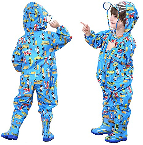 FILOWA Garçons Imperméables Combinaison de Pluie à Capuche, 5-7 ans, Bleu
