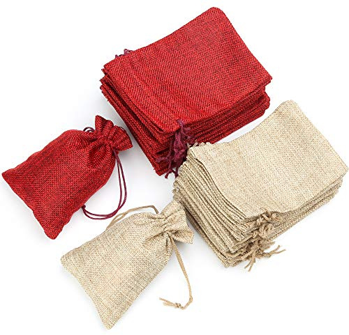30PCS Small Hessian Bags Cotton Muslin Bags, 10 x 14cm Burlap Bag | Reusable Mesh Bag with Drawstring Jute Bag for Jewellery Birthday Party Christmas（Wood Colour and Red）
