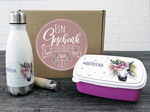 GRAZDesign Brotdose und Trinkflasche Set für Mädchen Einhorn | personalisiert mit Namen Wasserflasche Edelstahl 350ml | Geschenk zur Einschulung