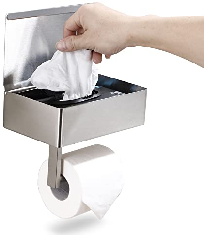 Toilettenpapierhalter & Spülbare Feuchttücherspender für Badezimmer | Erwachsene, Männer, Frauen, Feminine Wischaufbewahrung integriert | Edelstahl Wandhalterung (Gebürsteter Nickel, with Storage)
